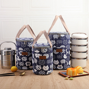 日式圆形饭盒袋上班族手提便当包保温学生铝箔加厚圆桶带饭袋子