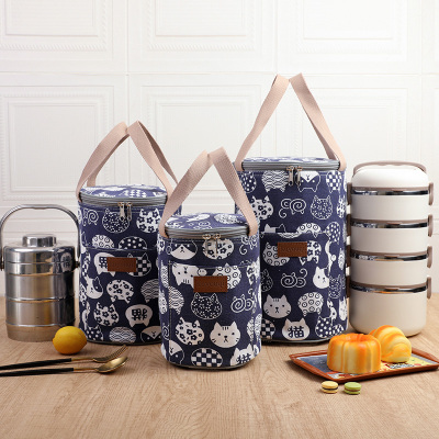 日式圆形饭盒袋上班族手提便当包保温学生铝箔加厚圆桶带饭袋子