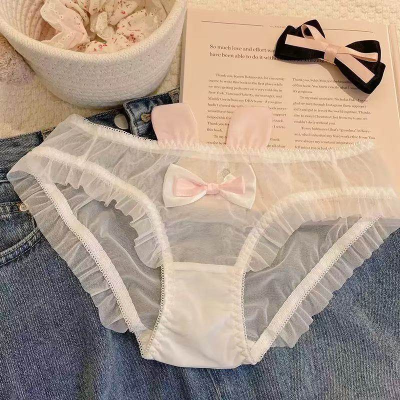 日系甜美可爱蝴蝶结蕾丝边性感纯欲风网纱内裤女生纯棉裆三角裤女