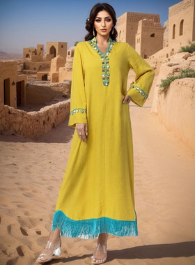 2025东南亚气质鲜艳黄色蓝流苏珠绣长裙民族风情连衣裙long dress