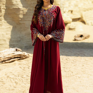 新2025春秋沙特迪拜中东长袍服饰阿拉伯大袍刺绣连衣裙长裙长袖