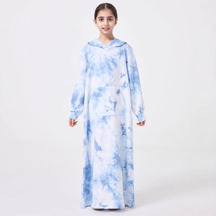 中东女童儿童东南亚气质扎染连帽插兜卫衣连衣裙宽松长袍