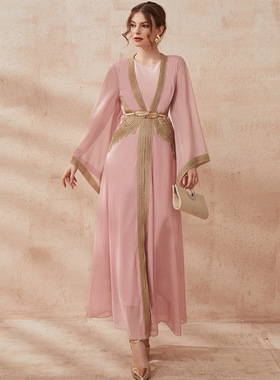 新中东阿联酋时尚女装开衫长裙阿拉伯连衣裙迪拜女士长袍两件套装