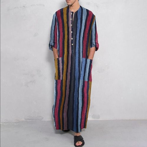 印尼马来男式彩色棉麻条纹衬衫装