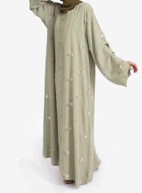 2025新款长袖夏季中东阿拉伯绿色花朵绣花时尚优雅连衣裙纯色