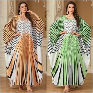 迪拜长裙阿拉伯bat 印花蝙蝠袖 dress 春秋宽松优雅时尚 新中东大码