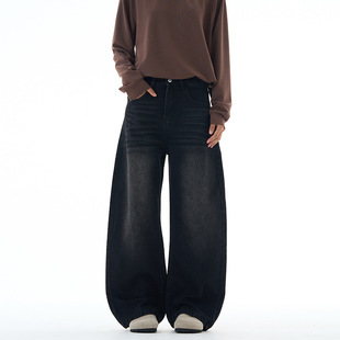 美式复古牛仔裤男款痞帅高级感直筒宽松垂感阔腿裤子黑色弯刀裤