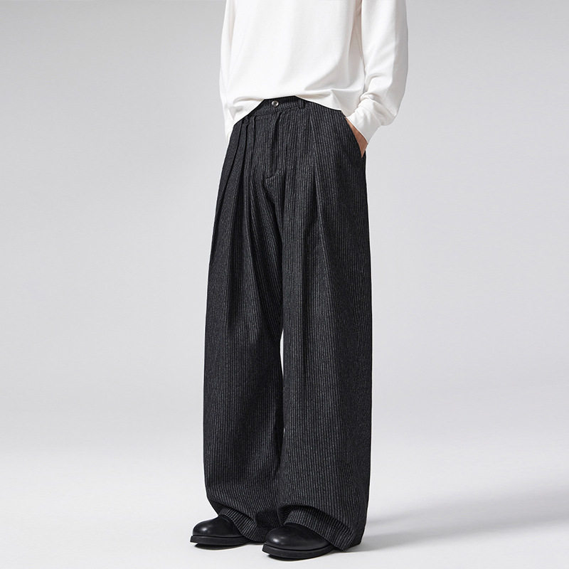 慵懒松弛感牛仔裤男款垂感宽松直筒通勤休闲老钱风三褶条纹阔腿裤