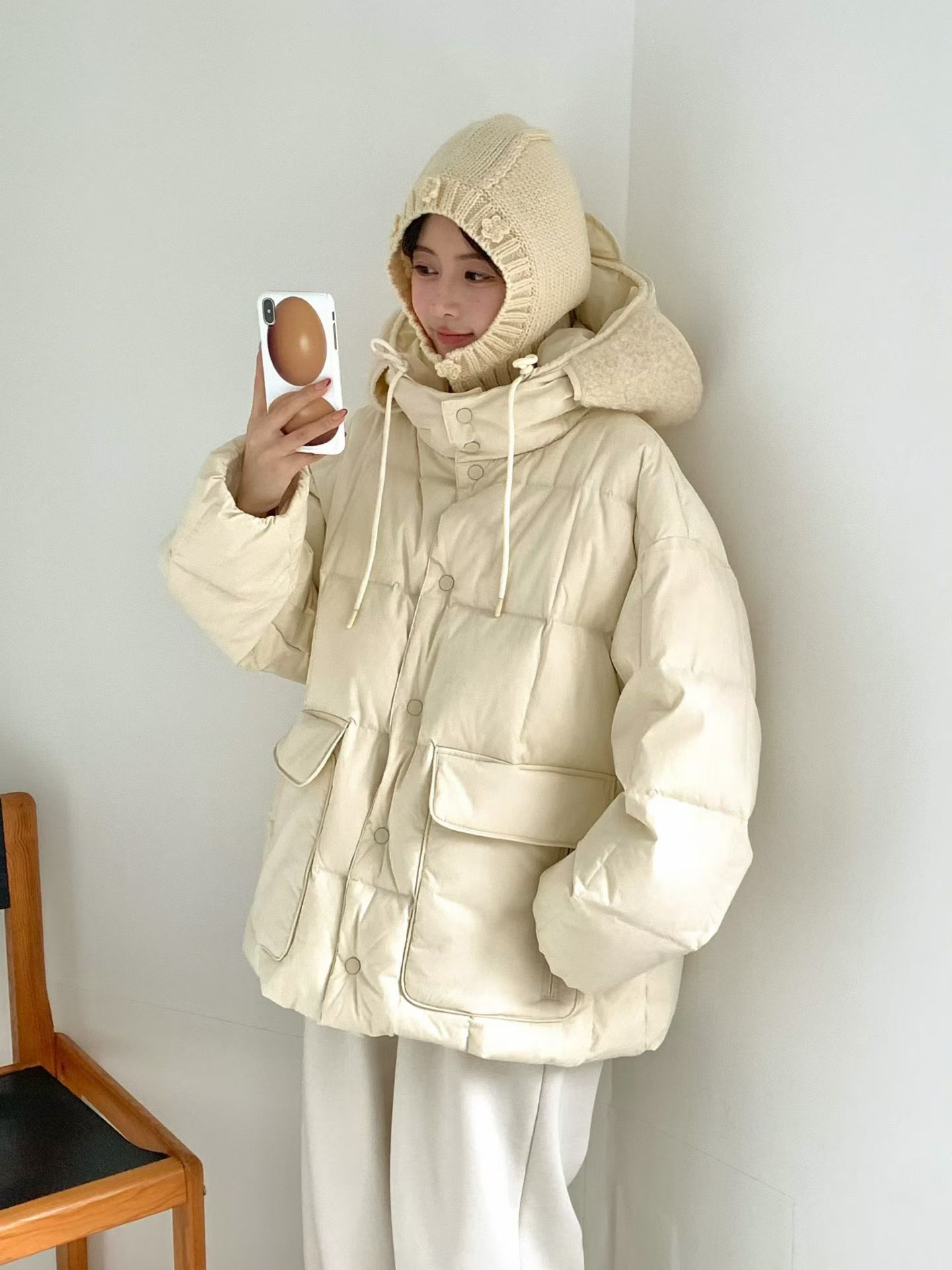 韩国egg新款连帽鹅绒服女短款加厚保暖面包服外套米白色(不退换)