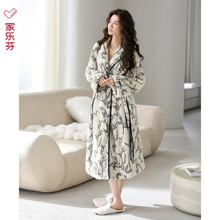 家乐芬睡袍女睡衣秋冬款冬季法兰绒加绒加厚珊瑚绒浴袍大码长款