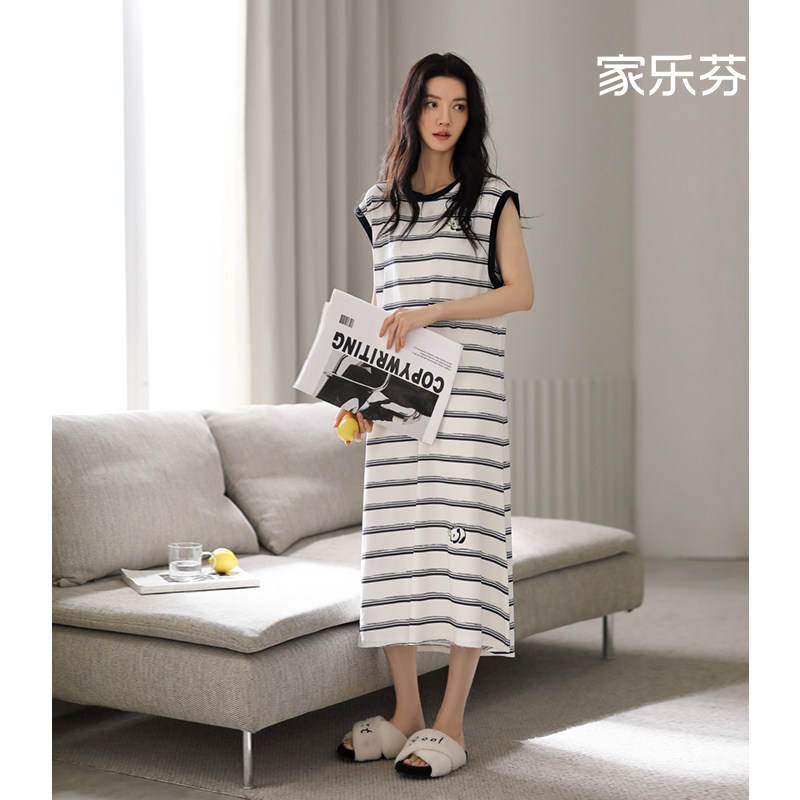 家乐芬带胸垫睡裙女睡衣夏季夏款夏天无袖莫代尔条纹可外穿连衣裙