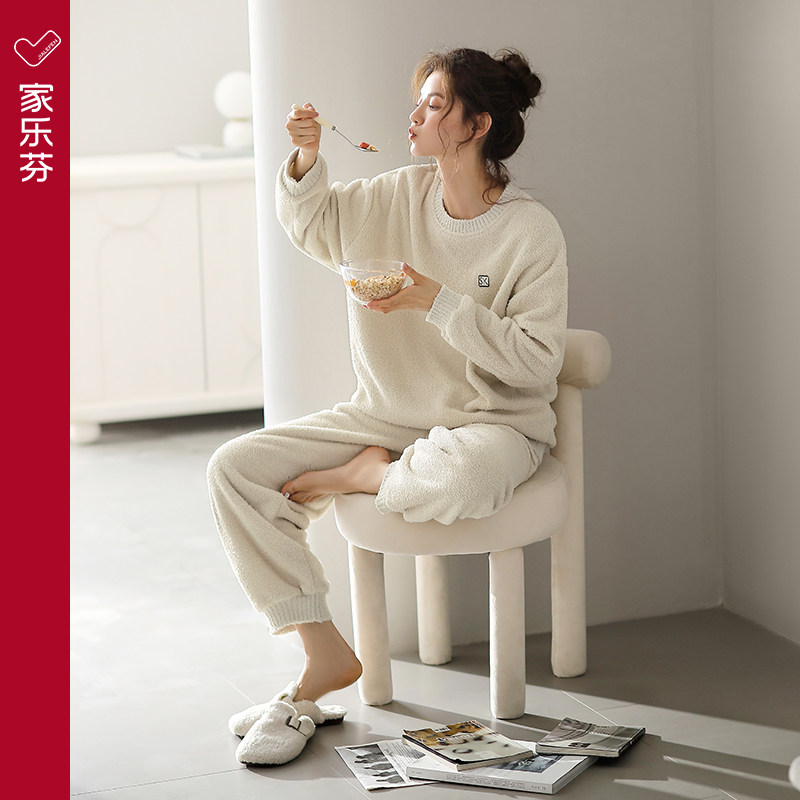 家乐芬睡衣女秋冬款冬季绒加绒加厚保暖圆领套头家居服