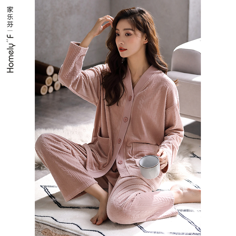女士秋冬款珊瑚绒加厚套装睡衣