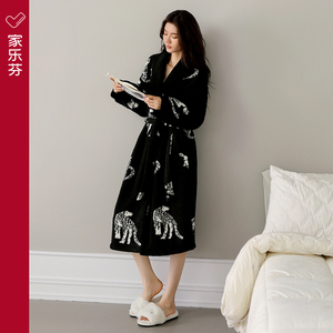 家乐芬睡袍女士睡衣秋冬款冬季保暖加厚加绒珊瑚绒浴袍黑色长版裙
