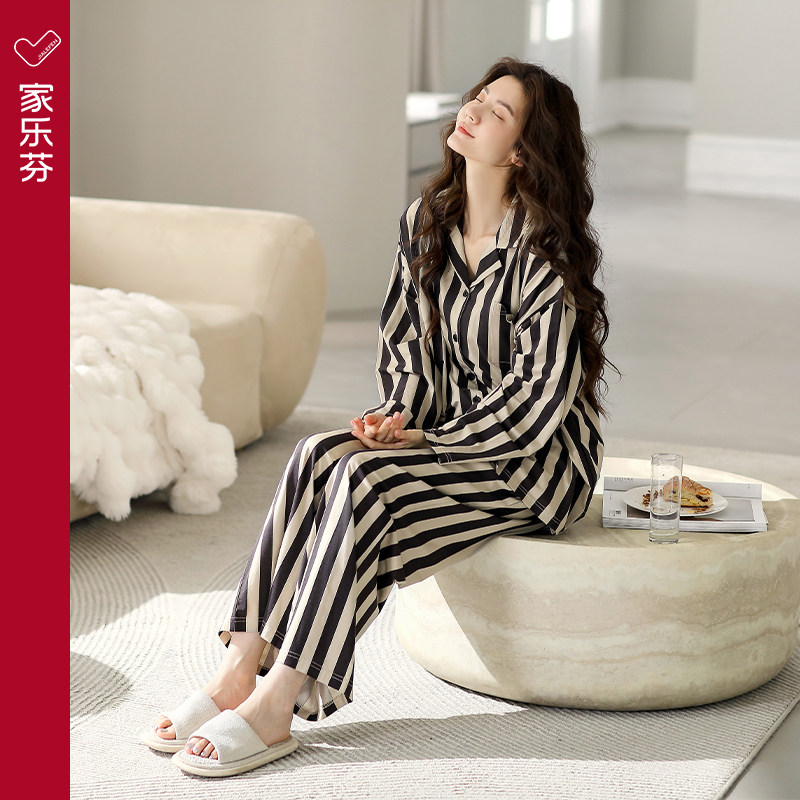 乐芬睡衣女款春秋款秋季纯棉长袖居服夏季薄款条纹休闲女套装