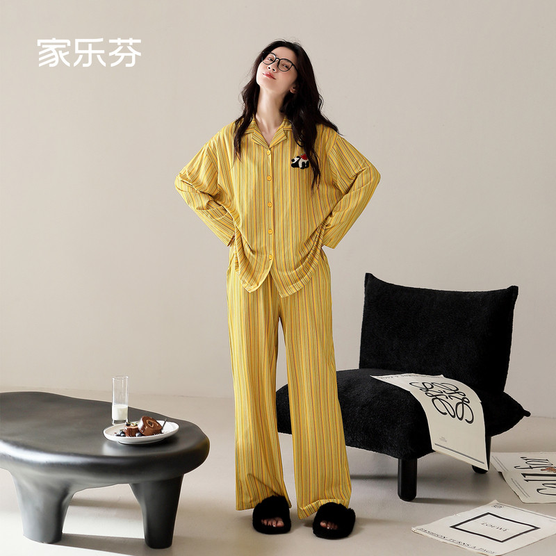 家乐芬睡衣女款春秋季纯棉长袖休闲时尚条纹熊猫开衫可外穿家居服