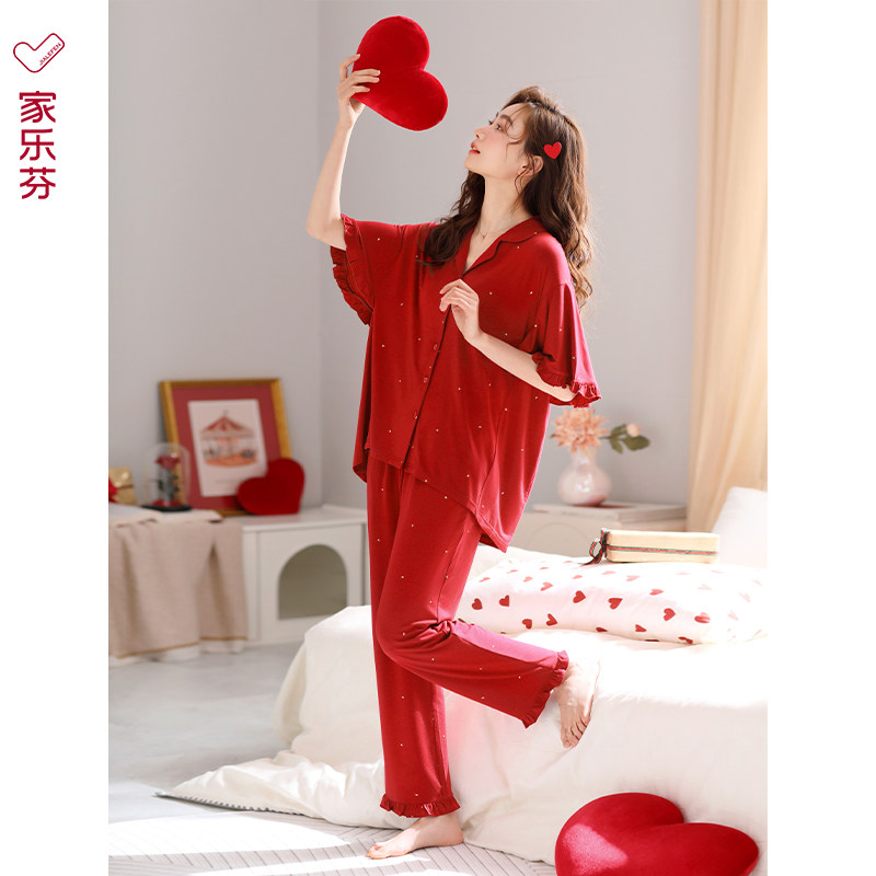 睡衣女士夏季莫代尔短袖长裤家居服夏天薄款冰丝本命年大红色套装,女士内衣/男士内衣/家居服,睡衣/家居服套装,淘宝优惠券,粉丝福利购,淘宝优惠卷