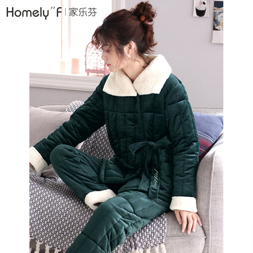 睡衣女秋冬季冬天三层夹棉袄袄