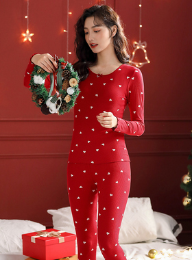 秋衣秋裤套装女保暖衣内衣纯棉线衣线裤学生大红色本命年春秋大码