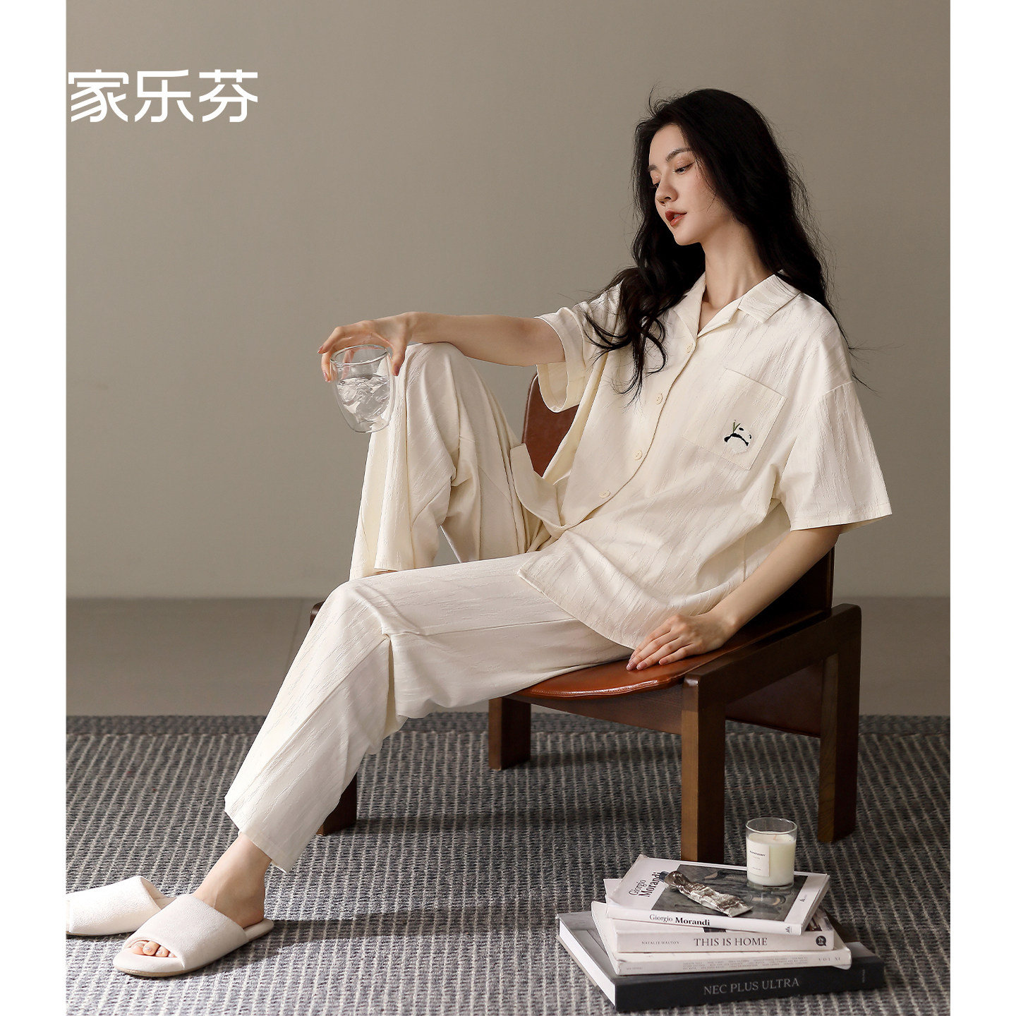 家乐芬睡衣女士夏季夏款短袖长裤纯棉薄款开衫可爱熊猫家居服套装