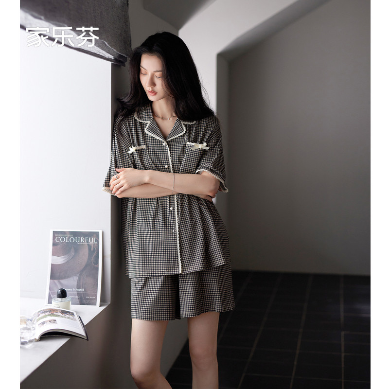 家乐芬睡衣女士夏季短袖短裤莫代尔开衫蝴蝶节网格休闲家居服套装