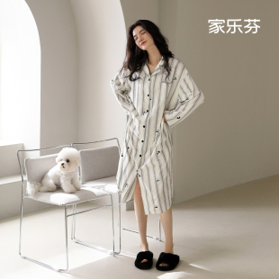 开衫 家乐芬睡裙女士睡衣春秋款 条纹裙子可爱熊猫长款 纯棉长袖 秋季