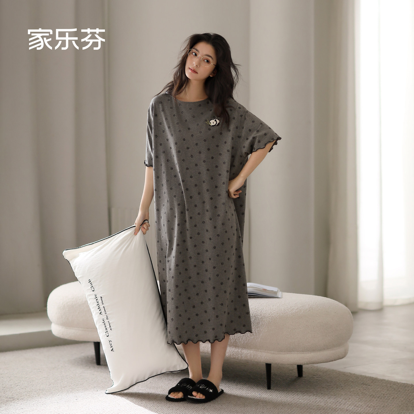 家乐芬睡裙女睡衣夏季夏款薄款纯棉短袖连衣裙波点大码休闲可外穿