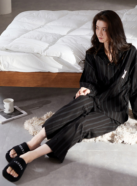 家乐芬睡衣女款春秋款秋季纯棉长袖家居服条纹休闲高级感黑色套装