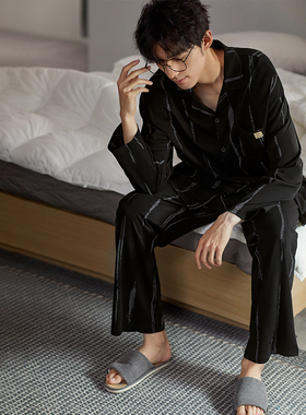 家乐芬睡衣男士春秋款秋季纯棉长袖家居服男款薄款黑色加大码套装