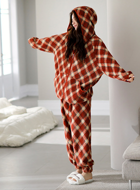 睡衣女款秋冬季冬款半边绒珊瑚绒家居服连帽格子复古大红色本命年