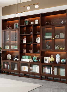 新中式实木博古架茶室背景置物架多宝阁书酒茶叶架商用带灯展示柜