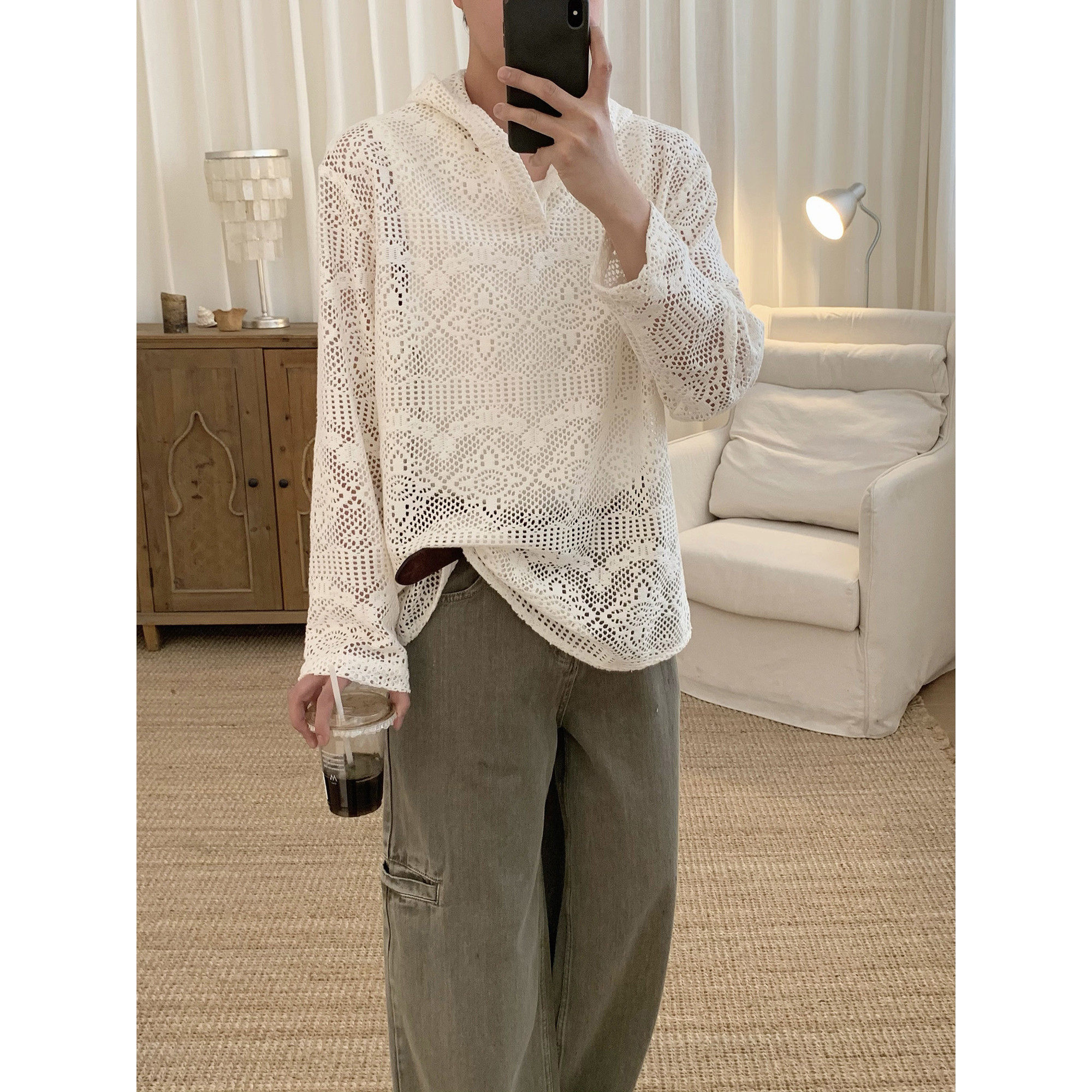 阿茶与阿古镂空钩花防晒罩衫男夏季潮流新款宽松休闲连帽长袖t恤