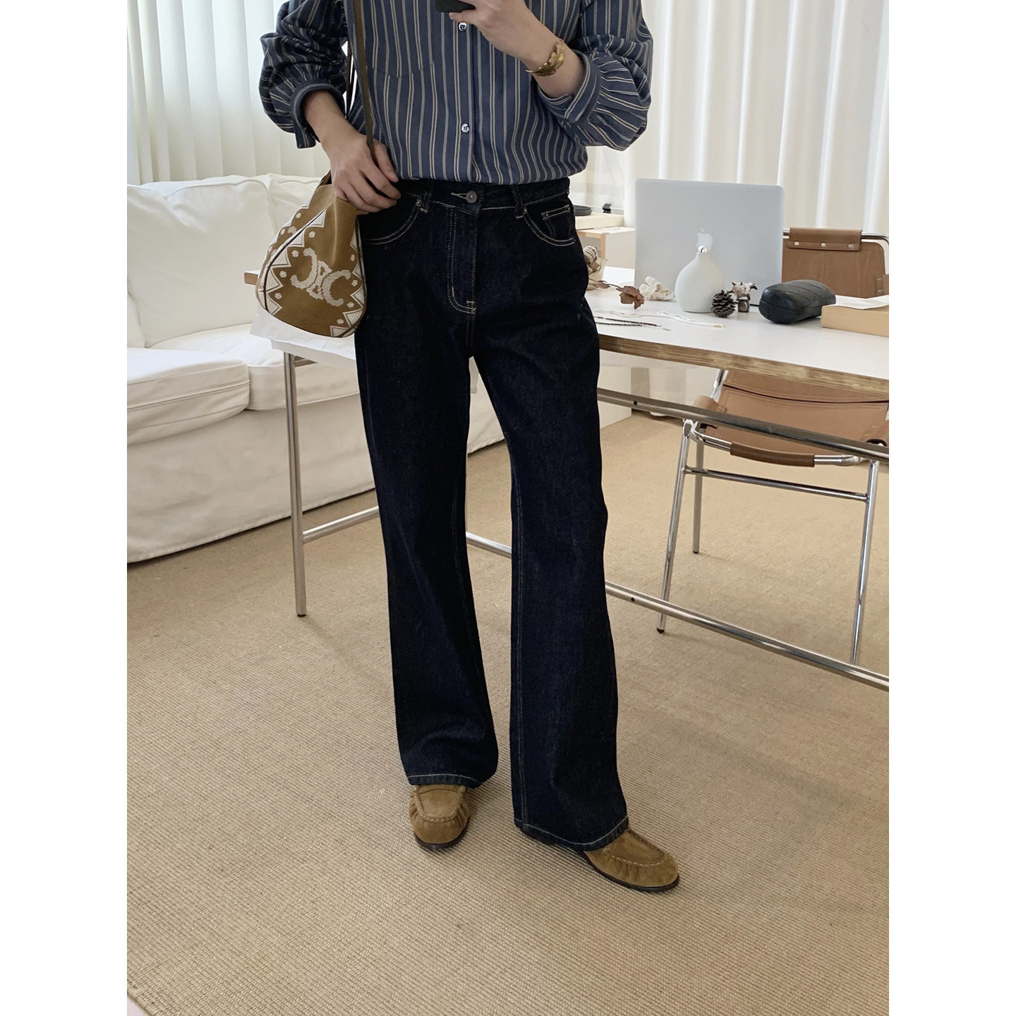 阿茶与阿古深蓝原色赤耳牛仔裤男款秋季直筒宽松百搭微喇休闲长裤
