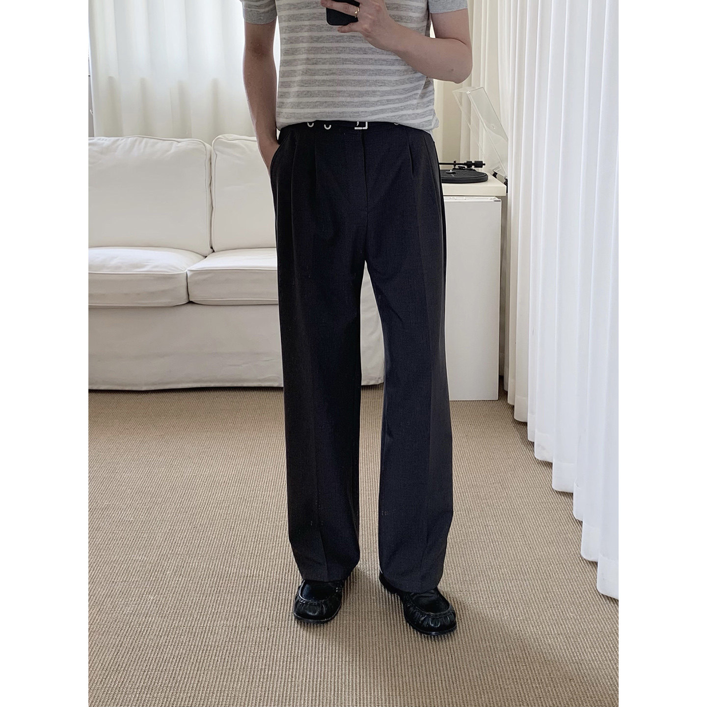 阿茶与阿古灰色垂感西裤男薄款夏季宽松直筒韩版百搭休闲长裤