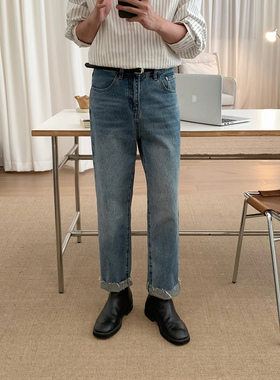 阿茶与阿古【轻牛仔】须边蓝色牛仔裤男秋季韩版直筒宽松休闲裤子