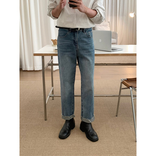 阿茶与阿古【轻牛仔】须边蓝色牛仔裤男秋季韩版直筒宽松休闲裤子