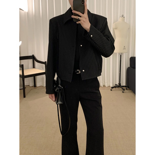春季 阿茶与阿古 垫肩外套男款 黑色短款 高级感条纹夹克 利落条纹