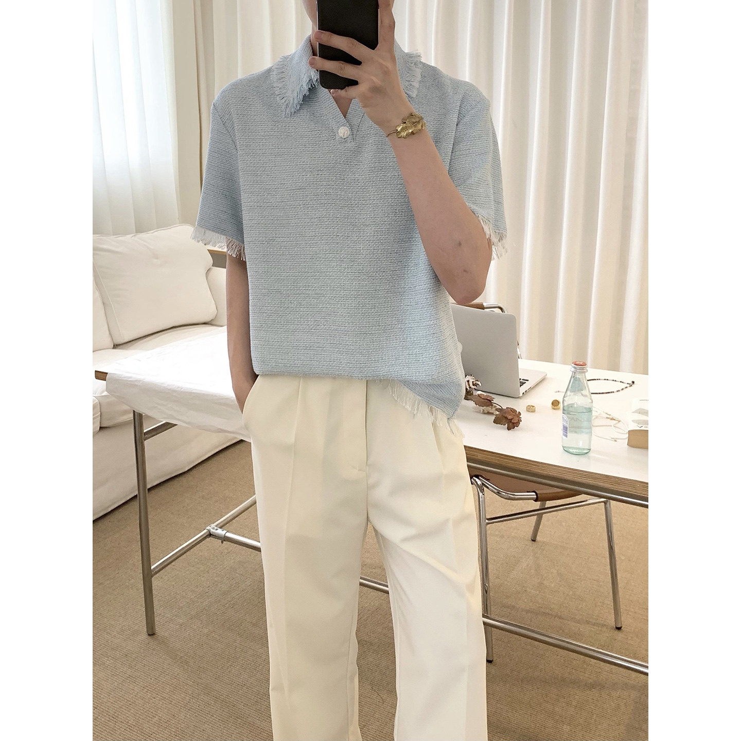 阿茶与阿古蓝色小香风编织polo衫男夏季高级感宽松须边设计感上衣