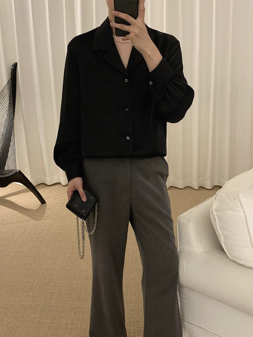 阿茶与阿古黑色古巴领衬衫男长袖高级感痞帅花苞袖设计宽松衬衣