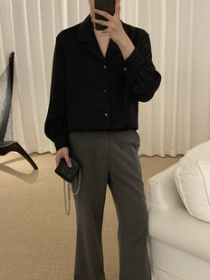 阿茶与阿古黑色古巴领衬衫男长袖高级感痞帅花苞袖设计宽松衬衣