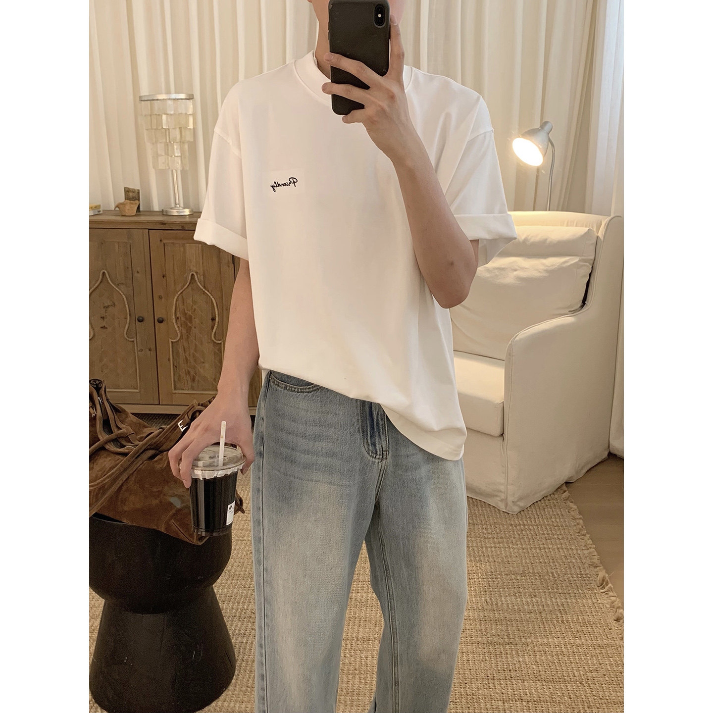 阿茶与阿古白色前后印花短袖t恤男款夏季韩版潮流宽松休闲上衣