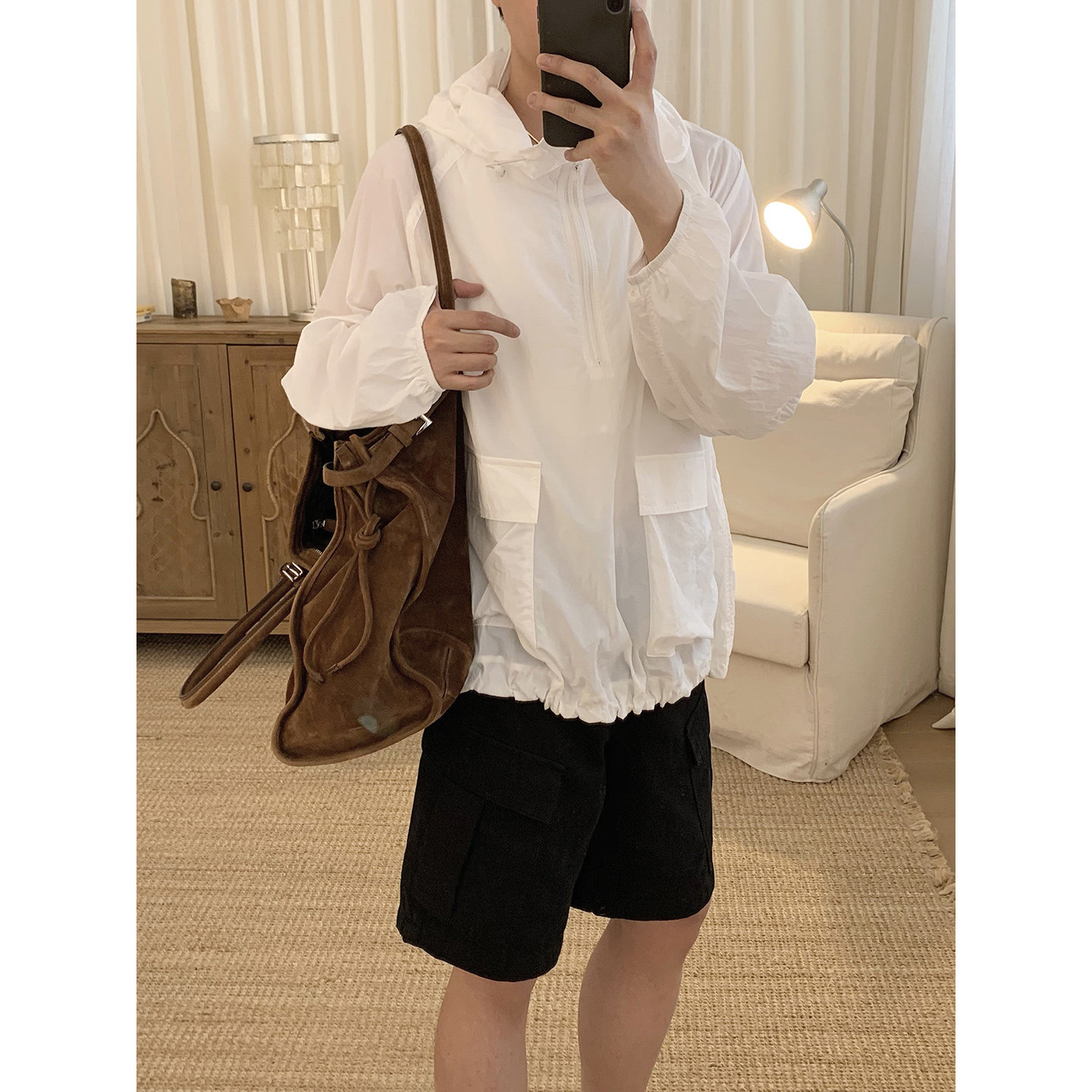 阿茶与阿古白色轻薄防晒外套男款夏季潮流连帽宽松休闲夹克上衣