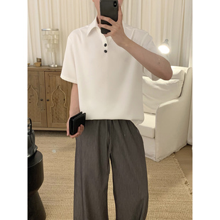 阿茶與阿古白色明線短袖 男款 夏季 潮流寶石扣設計寬松休閑襯衣 襯衫
