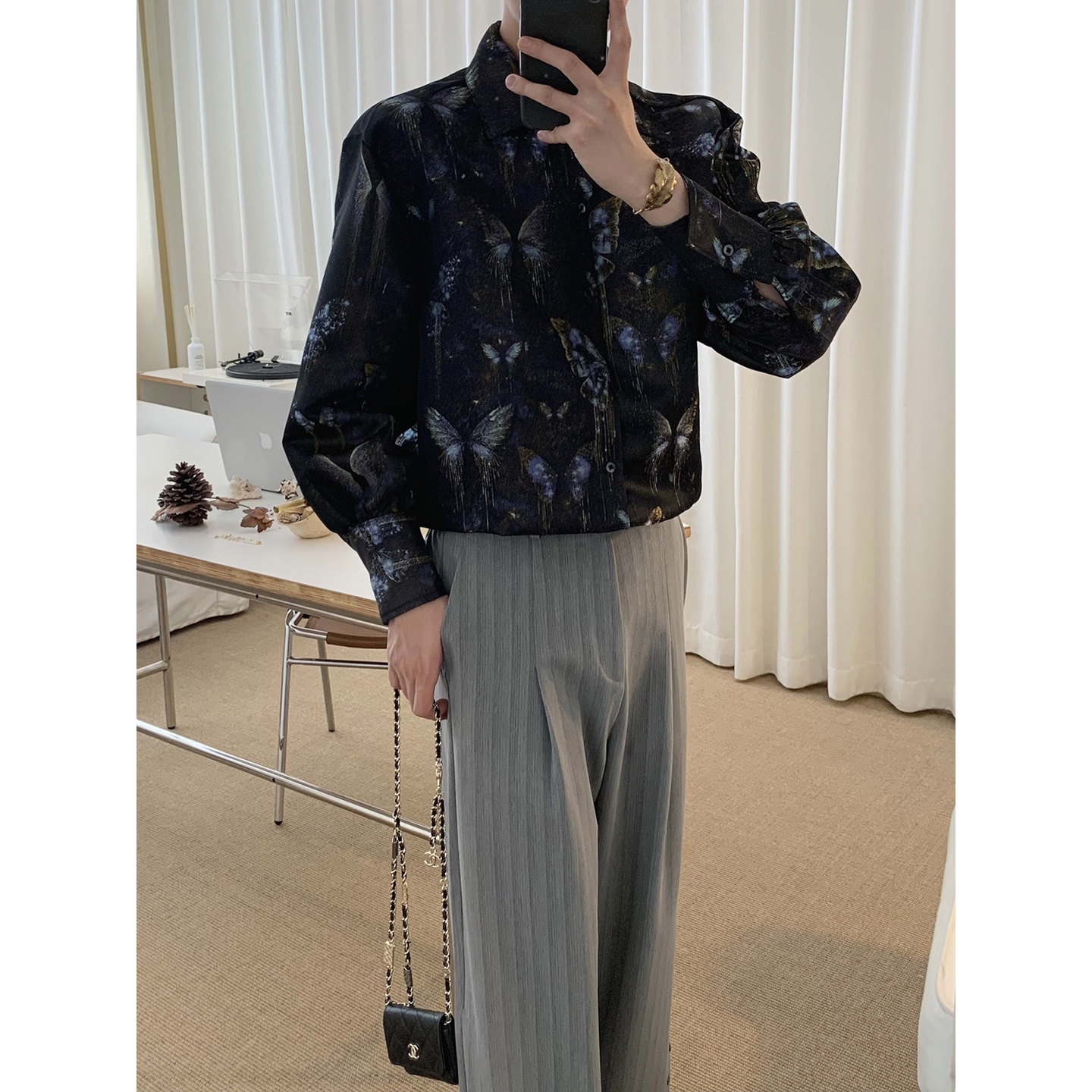 阿茶与阿古流彩蝴蝶印花衬衫男款长袖秋季高级设计感宽松休闲衬衣
