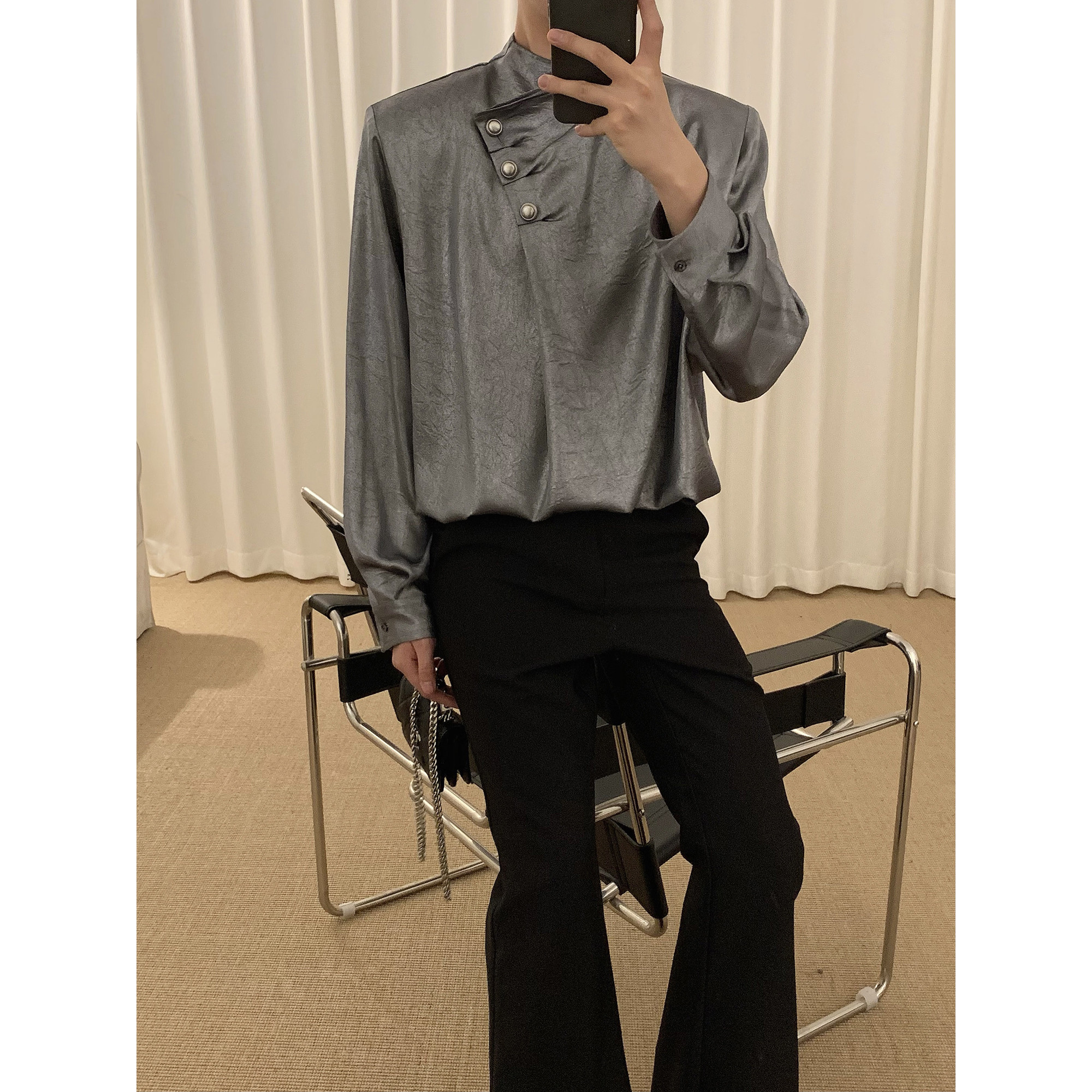 阿茶与阿古小众设计感衬衫男长袖不规则门襟宽松高级感痞帅衬衣