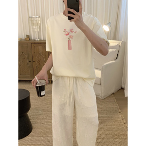 阿茶与阿古奶杏色花瓶印花短袖t恤男款夏季韩版潮流宽松休闲上衣