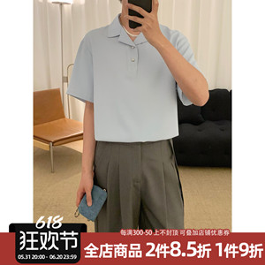 阿茶与阿古蓝色古巴领短袖衬衫男2024春夏新款休闲宽松衬衣上衣