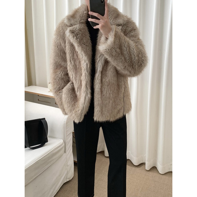 阿茶与阿古棕色环保皮草男款韩版仿皮毛一体外套秋冬毛绒皮夹克