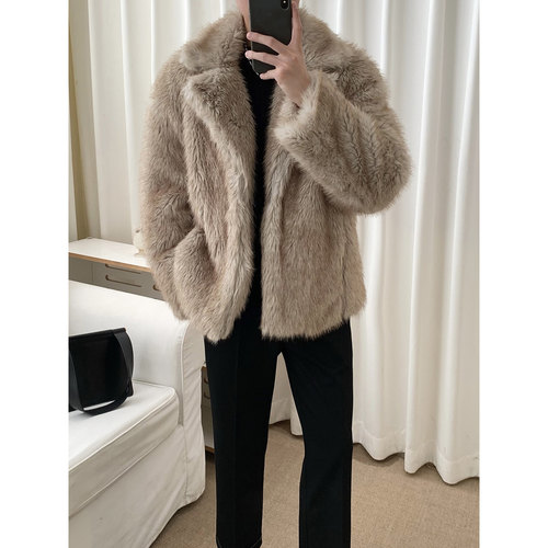 阿茶与阿古棕色环保皮草男款韩版仿皮毛一体外套秋冬毛绒皮夹克