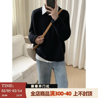 阿茶与阿古黑色加厚毛衣男款秋冬韩版慵懒风宽松休闲针织衫上衣